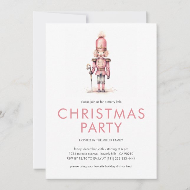 Vintage Pink Nutcracker Christmas Party Invitation (Front)