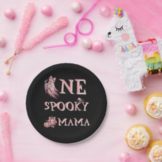 Vintage Pink One Spooky Mama Coquette Coffee Ghost Paper Plate