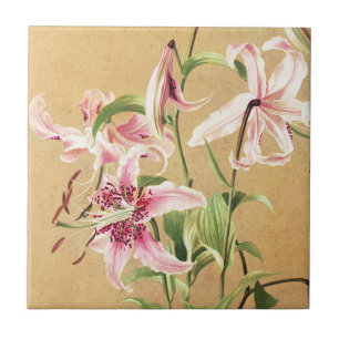 Vintage Pink Oriental Lily Botanical Flower Art Tile
