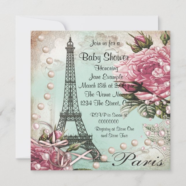 Vintage Pink Paris Baby Shower Invitations (Front)