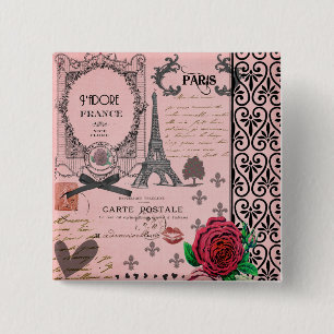 Vintage Pink Paris Collage 15 Cm Square Badge