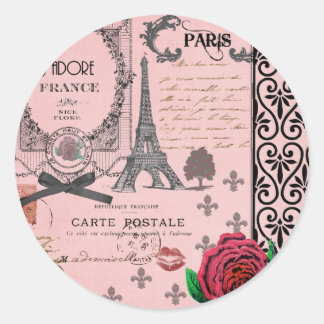 Vintage Pink Paris Collage Classic Round Sticker
