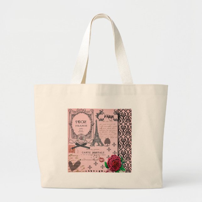 Vintage Pink Paris Collage Large Tote Bag (Front)