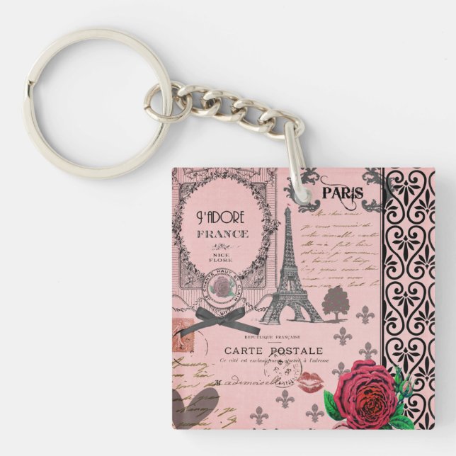 Vintage Pink Paris Collage personalised keychain (Front)