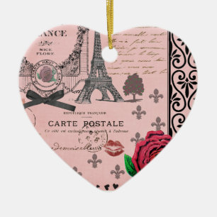 Vintage Pink Paris Collage romantic heart ornament