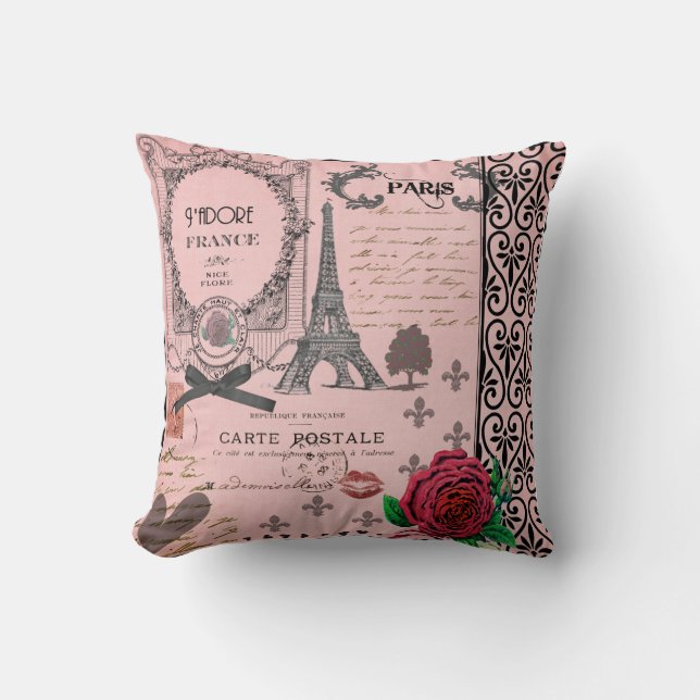 Vintage Pink Paris Collage romantic pillow (Front)