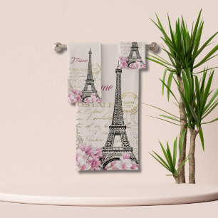 Vintage Pink Paris Eiffel Tower Romantic Collage Bath Towel Set
