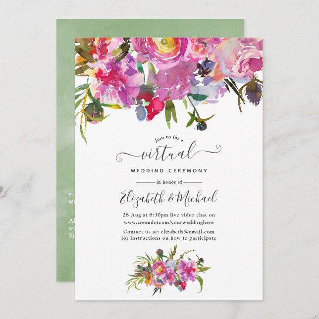 Vintage Pink Peonies Floral Virtual Wedding Invitation (Front/Back)