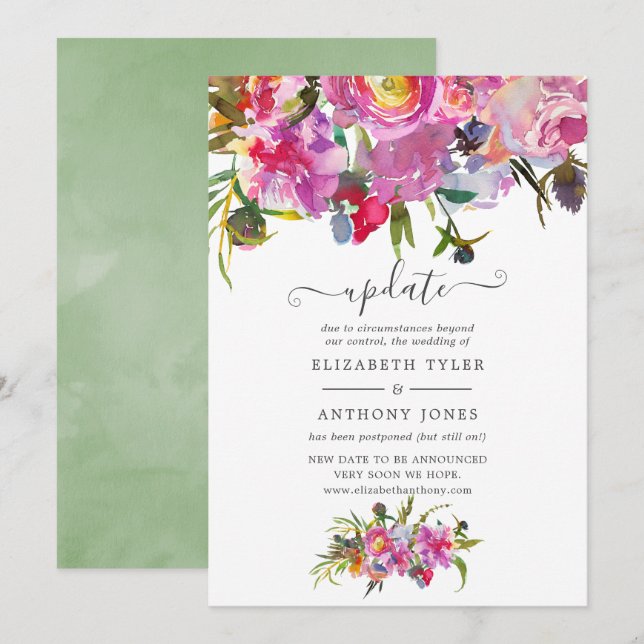 Vintage Pink Peonies Floral Wedding Update Invitation (Front/Back)