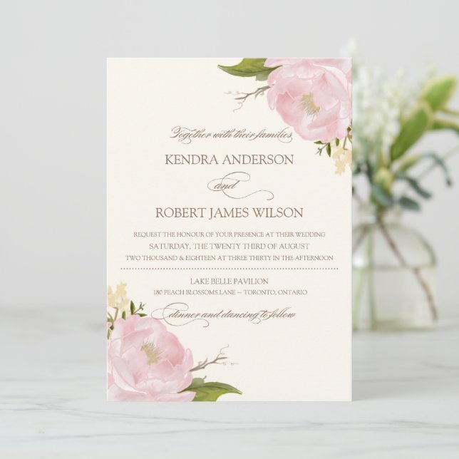 Vintage Pink Peonies Wedding Invitation II (Standing Front)