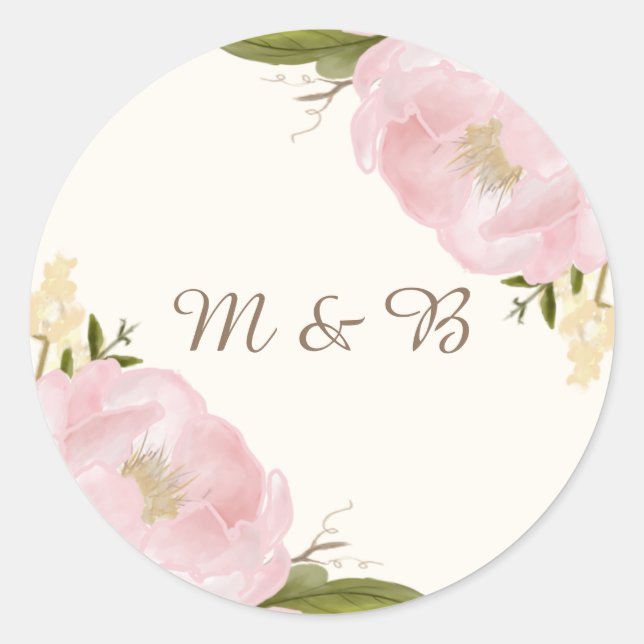Vintage Pink Peonies Wedding Monogram Sticker (Front)