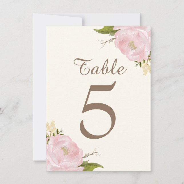 Vintage Pink Peonies Wedding Table Numbers Card (Front)