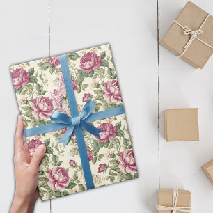 Vintage Pink Peony Design with Cream Background Wrapping Paper