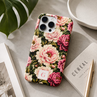 Vintage Pink Peony Floral Monogram iPhone 16 Pro Max Case