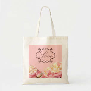 vintage pink peony floral wedding tote bag