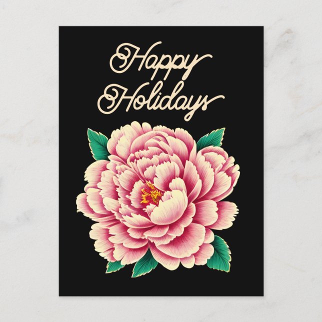 Vintage Pink Peony Flower Black Holiday Postcard (Front)
