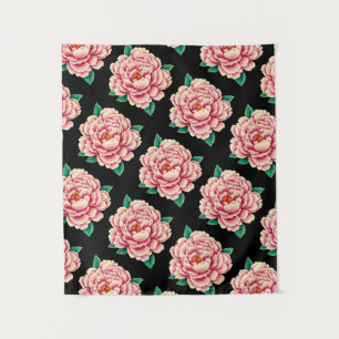 Vintage Pink Peony Flower Pattern Black Tapestry