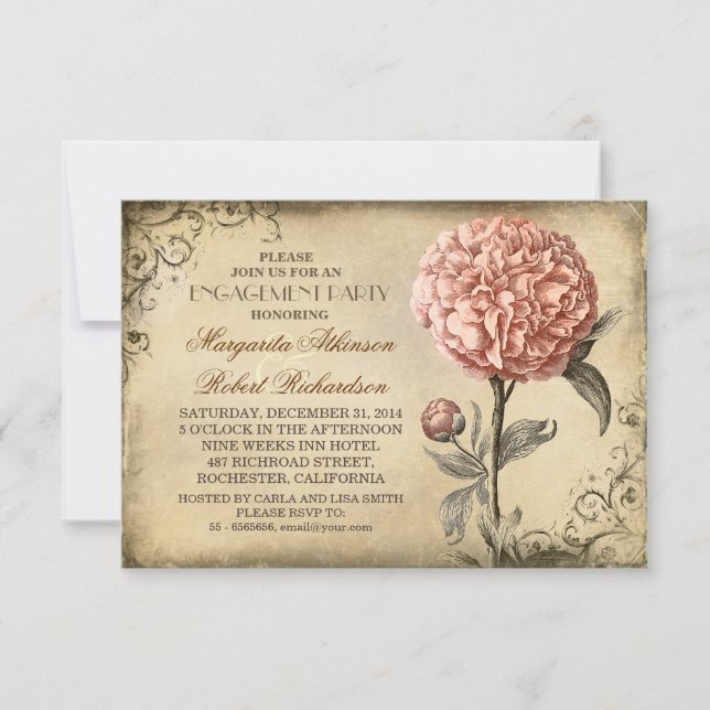 vintage pink peony rustic engagement party invitation (Front)