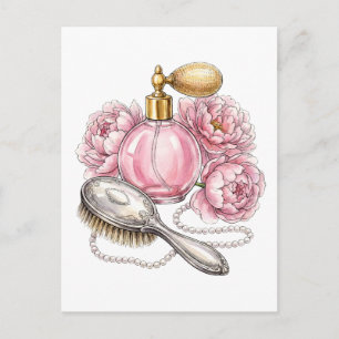 Vintage Pink Perfume Bottle & Pearls Postcard