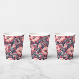 Vintage Pink Poppies Floral  Paper Cups