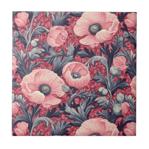 Vintage Pink Poppies Floral Tile