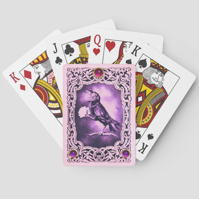 Vintage Pink Purple Black Crow Amethyst  Playing Cards (Back)