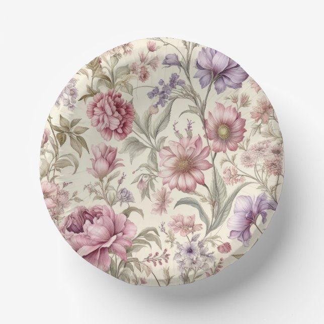 Vintage Pink Purple Flowers Paper Bowl Plate (Front)