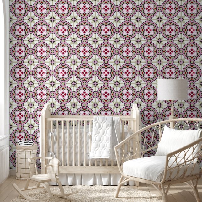 Vintage Pink Red Barcelona Tile Flower Ribbon Wallpaper (Kids)