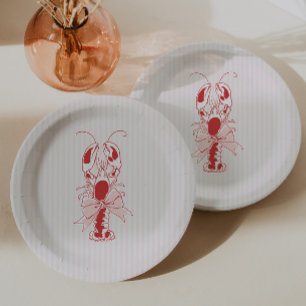 Vintage Pink & Red Lobster Coastal Birthday Paper Plate
