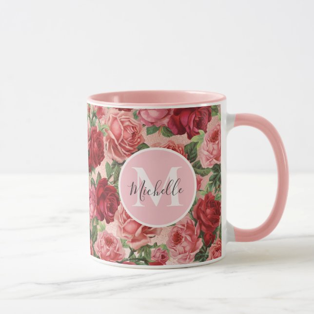 Vintage Pink Red Rose Floral Monogrammmed Mug (Right)
