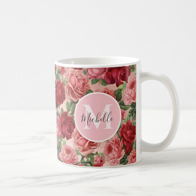 Vintage Pink Red Rose Floral Monogrammmed Mug (Right)