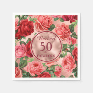 Vintage Pink Red Roses 50 and Fabulous Birthday Napkin