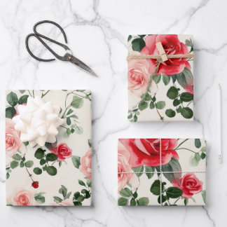 Vintage Pink Red Roses Mother's Day Wrapping Paper Sheet