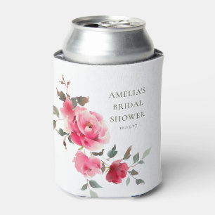 Vintage Pink Red Roses Watercolor Bridal Shower Can Cooler