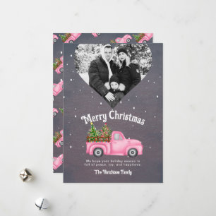 Vintage pink red truck Christmas tree heart photo Holiday Card