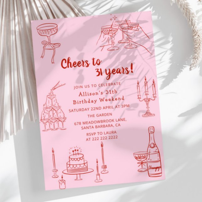 Vintage Pink Retro Drawn Funky Birthday Party Invitation (Creator Uploaded)
