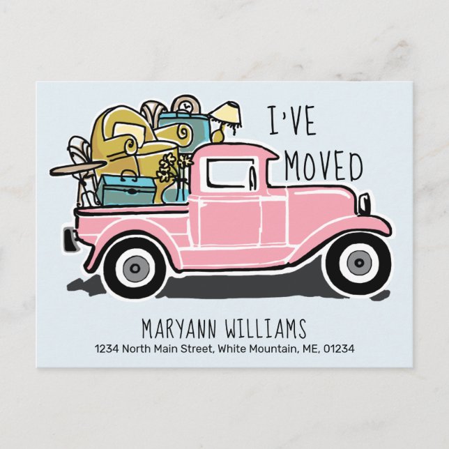 Vintage Pink Retro Truck Moving Blue Announcement Postcard (Front)