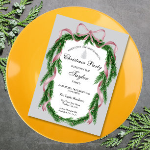 Vintage Pink Ribbon Wreath Christmas Dinner Party Invitation