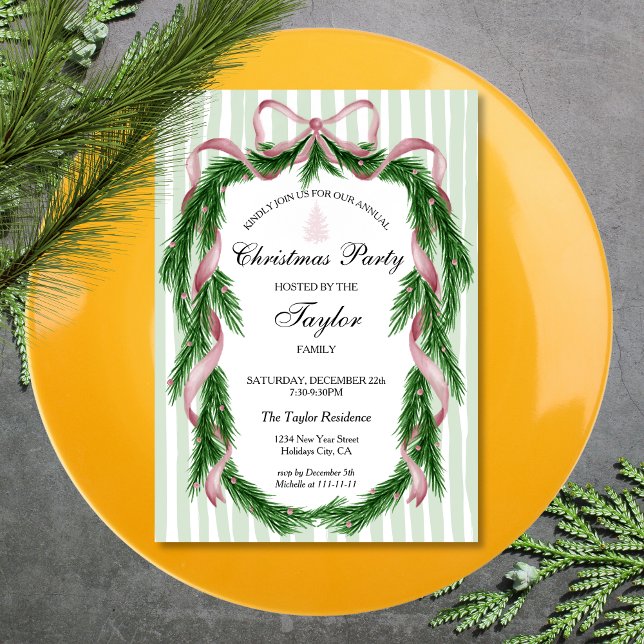 Vintage Pink Ribbon Wreath Christmas Dinner Party Invitation (vintage christmas wreath with pink ribbon and bow on the striped background dinner invitation)