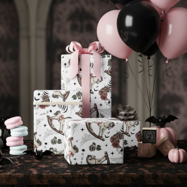 Vintage Pink Rocking Horse Gothic Wrapping Paper (Gothic Halloween Baby Shower for Baby Girl Wrapping Paper. Spooky Vintage Pink Rocking Horse Pattern)