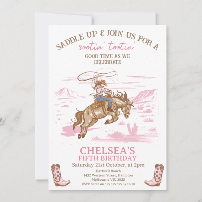 Vintage Pink Rodeo Cowgirl Any Age Birthday Invitation (Front)