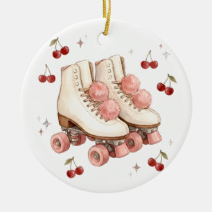 Vintage Pink Roller Skates and Cherries Ceramic Tree Decoration