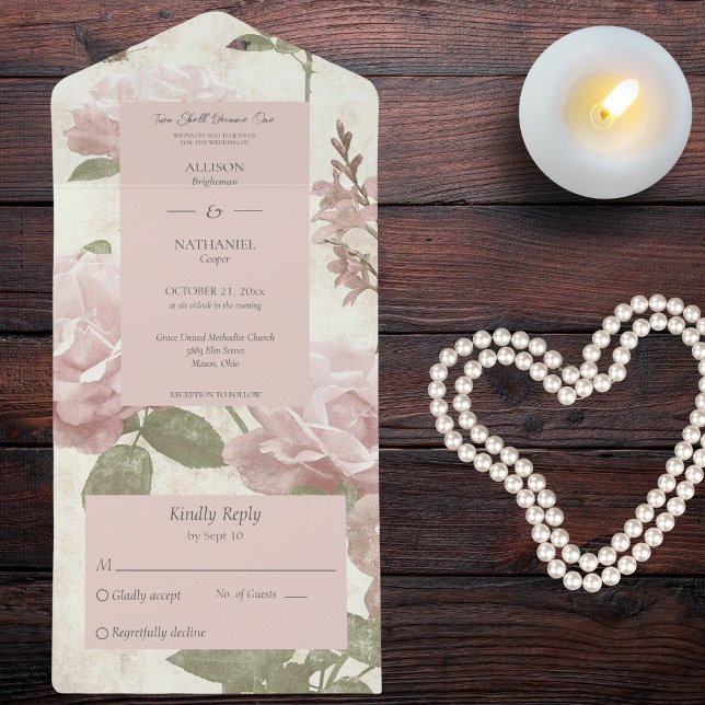 Vintage Pink Rose All In One Invitation (Also available with QR code. )