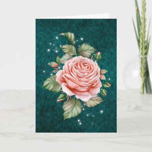 Vintage Pink Rose and Elegant Teal Thinking of You Card