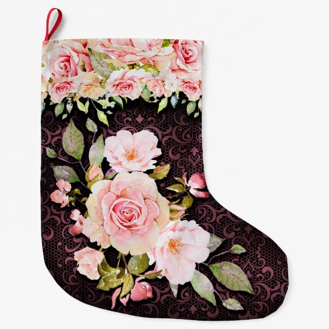 Vintage pink rose and lace large christmas stocking (Front)
