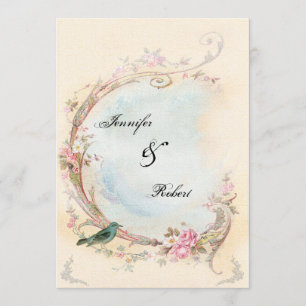 Vintage Pink Rose and Robin Wedding Invitation