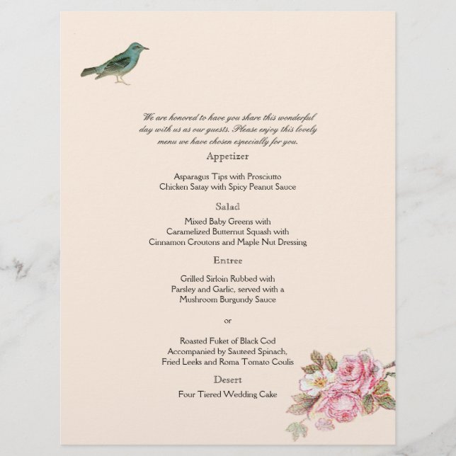 Vintage Pink Rose and Robin Wedding Menu (Front)