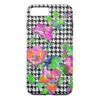 Vintage Pink Rose - black and white hounds-tooth