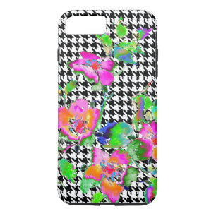 Vintage Pink Rose -  black and white hounds-tooth Case-Mate iPhone Case