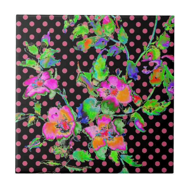 Vintage Pink Rose black/pink polka-dots Tile (Front)
